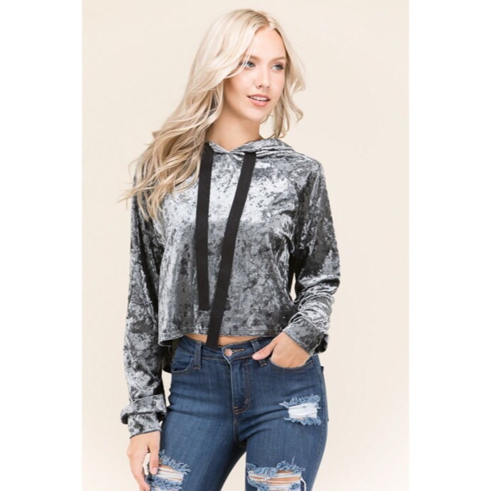 NWT - Charcoal Velvet Hooded Sweatshirt - Picture 3 of 7